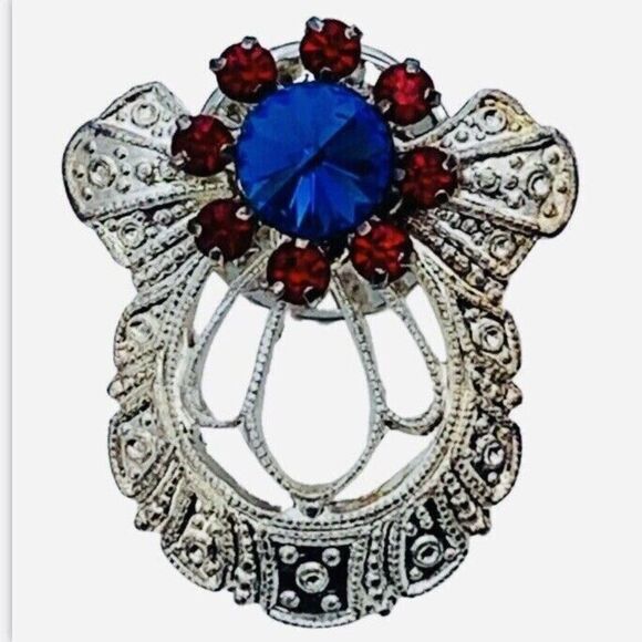 Vintage Jane Blue Red Icy Rhinestone Angel Brooch Pin 1" Silver Tone Filagree - Picture 7 of 12